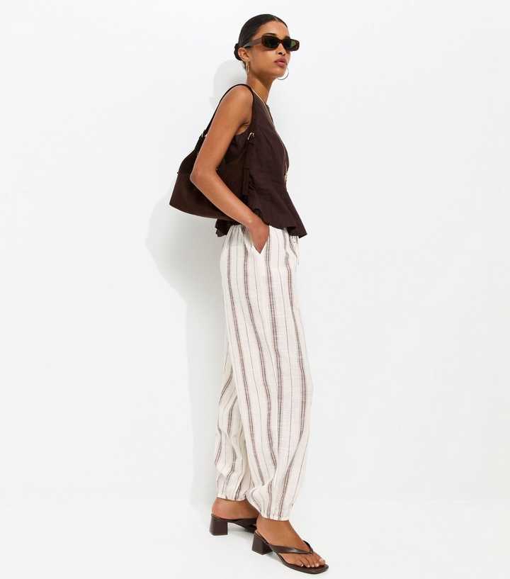 Brown Cotton Striped Slub Cuff Trousers