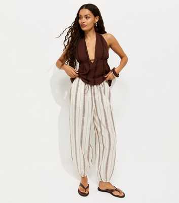 Petite Brown Cotton Woven Striped Cuffed Trousers