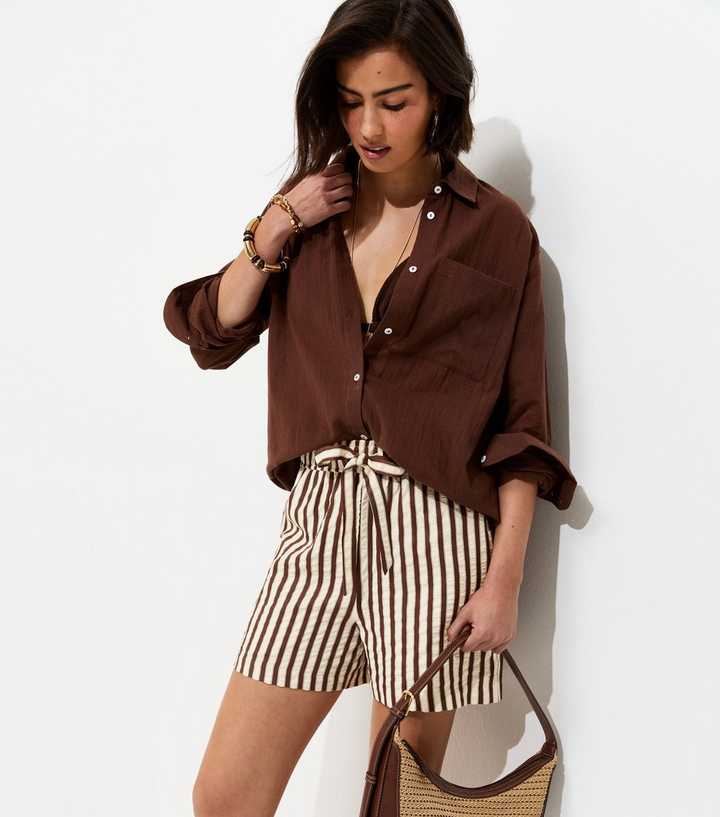 Brown Striped Seersucker Shorts