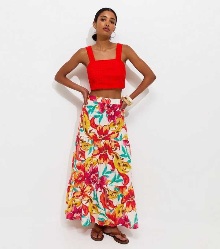 White Cotton Large Floral Print Midi Skirt