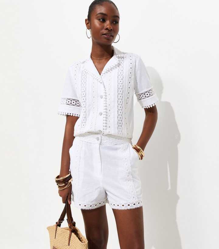 White Cotton Lace Trim Embroidered Shorts