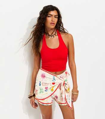 White With Linen Sun Print Wrap Shorts