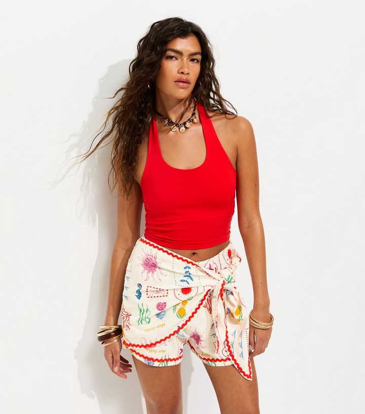 White With Linen Sun Print Wrap Shorts
