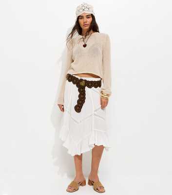 White Woven Asymmetric Lace Insert Midi Skirt