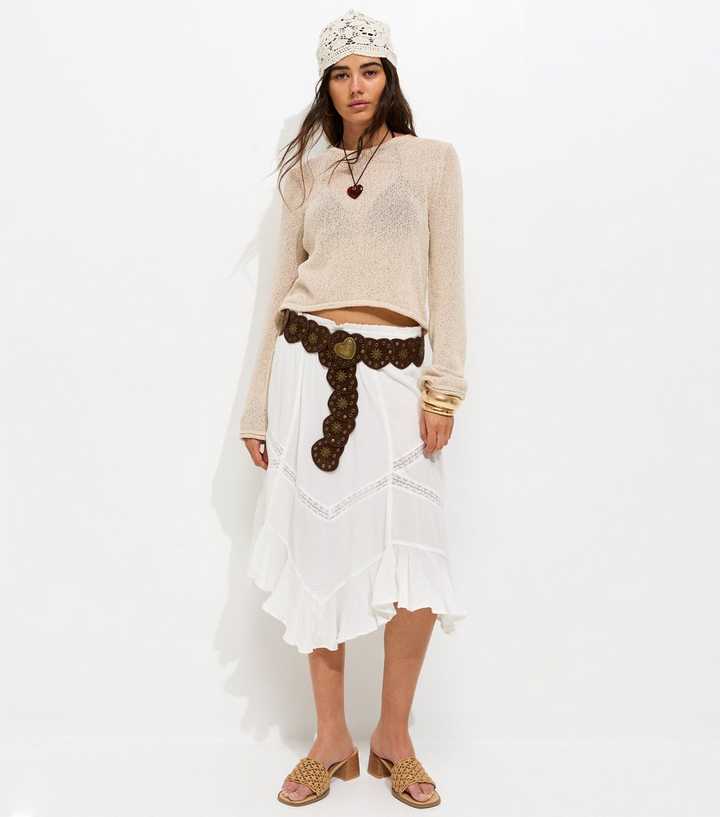 White Woven Asymmetric Lace Insert Midi Skirt