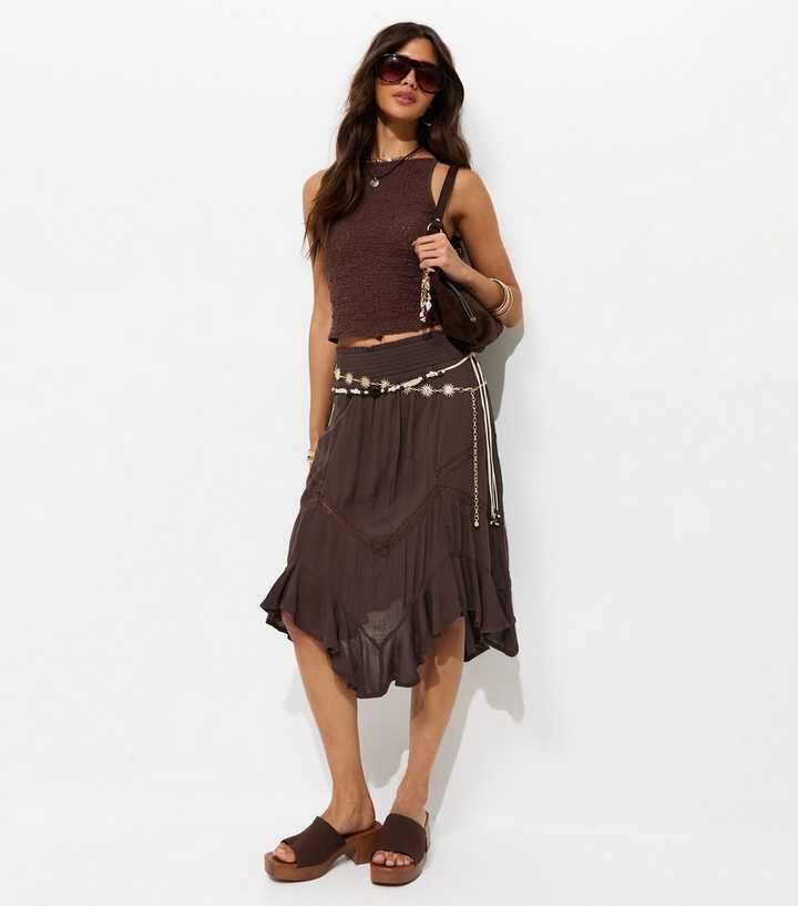Dark Brown Woven Asymmetric Lace Insert Midi Skirt