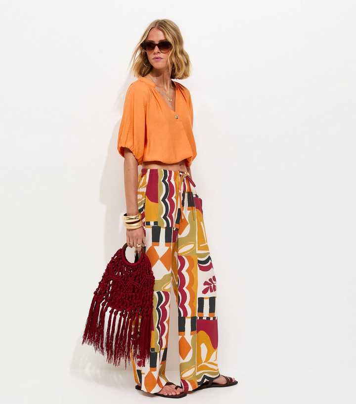Orange Abstract Print Wide Leg Trousers