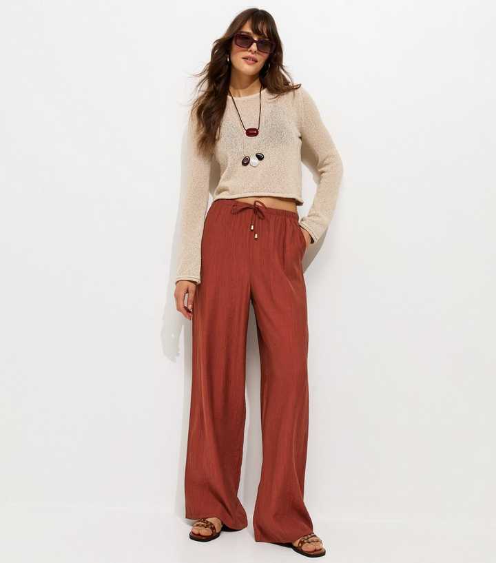 Tall Rust Crinkle Texture Wide Leg Trousers