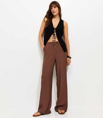Tall Dark Brown Crinkle Texture Wide Leg Trousers