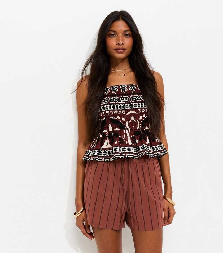 Red Cotton Rich Woven Striped Shorts