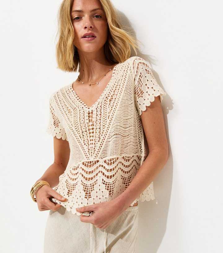 Cream Cotton Crochet V Neck Top