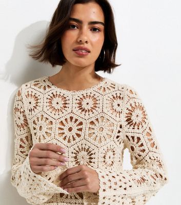 Off White Crochet Knit Semi Sheer Long Sleeve Top | New Look