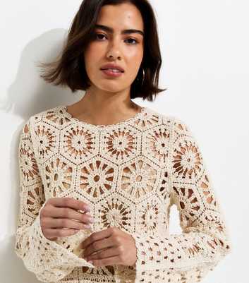 Off White Crochet Knit Semi Sheer Long Sleeve Top