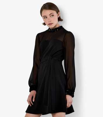 Apricot Black Sequin Trim Belted Mini Dress