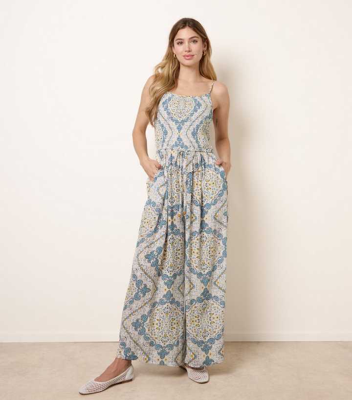 Blue Vanilla Bright Blue Paisley Drawstring Jumpsuit