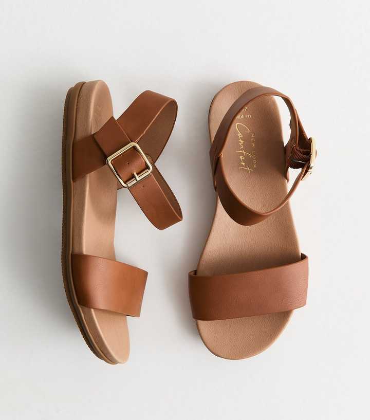 Wide Fit Tan Faux Leather Flat Sandals