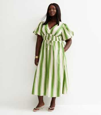 Curves Green Striped Puff Sleeve Midi Dress