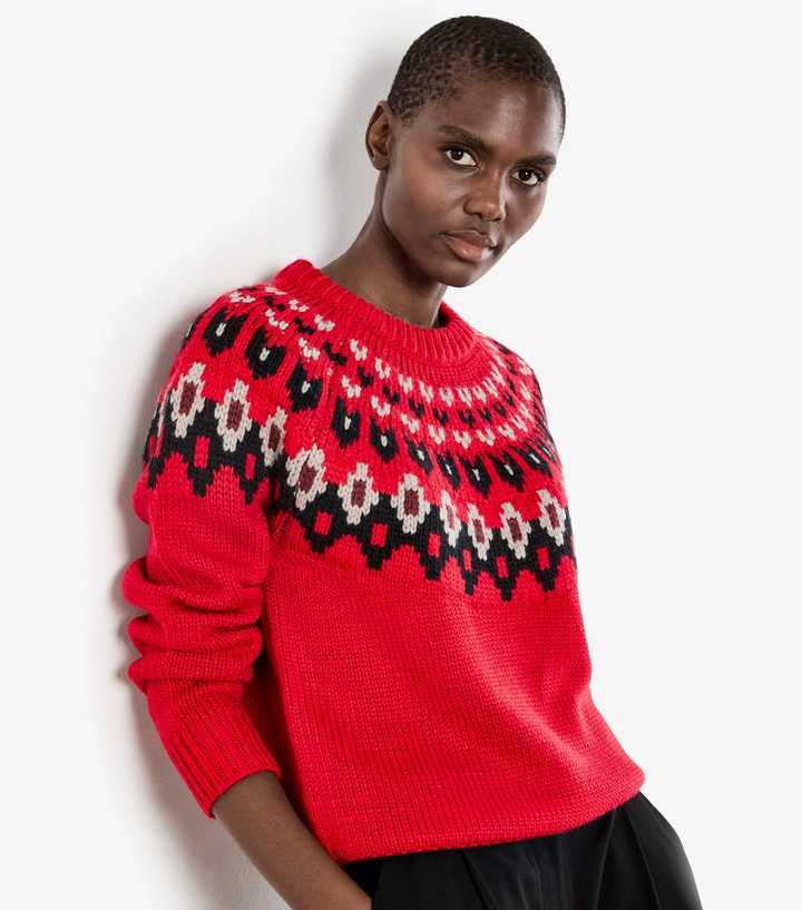 Apricot Red Fairisle Crew Neck Jumper