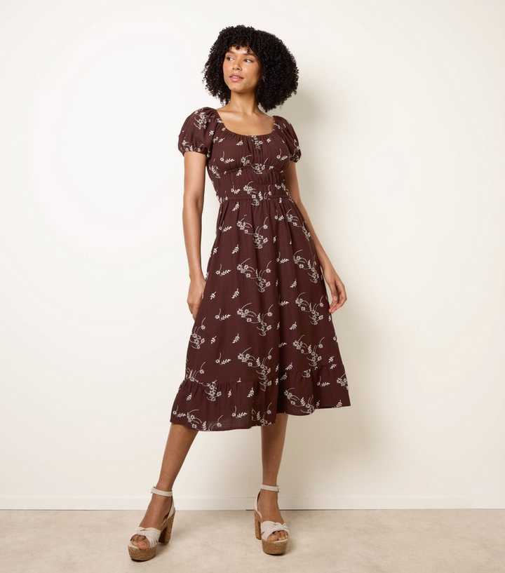 Blue Vanilla Brown Floral Embroidery Milkmaid Midi Dress | New Look