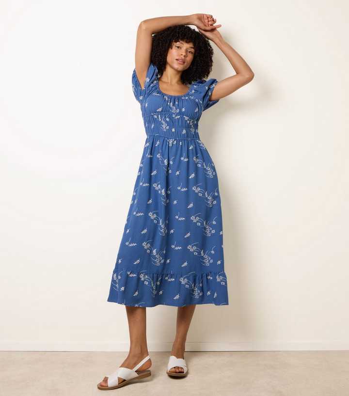 Blue Vanilla Blue Floral Embroidery Milkmaid Midi Dress