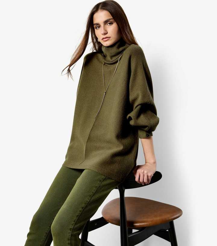 Apricot Dark Khaki Roll Neck Oversized Batwing Jumper