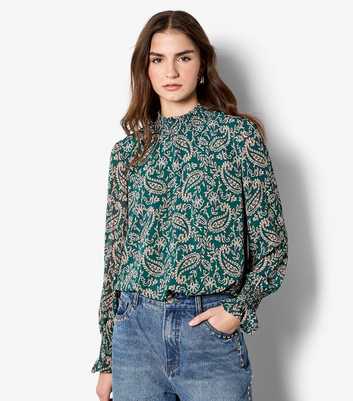 Apricot Green Paisley Print Chiffon Blouse