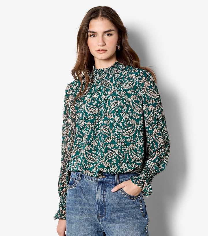 Apricot Green Paisley Print Chiffon Blouse