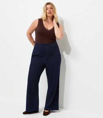 Curves Blue Cotton Rich Denim Look Wide Leg Jeans