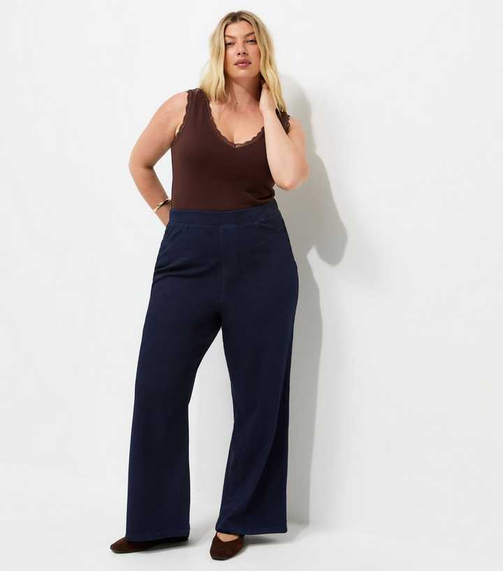 Curves Blue Cotton Rich Denim Look Wide Leg Jeans