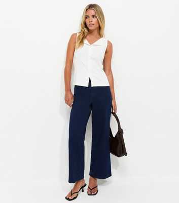 Petite Blue Cotton Rich Jersey Wide Leg Trousers