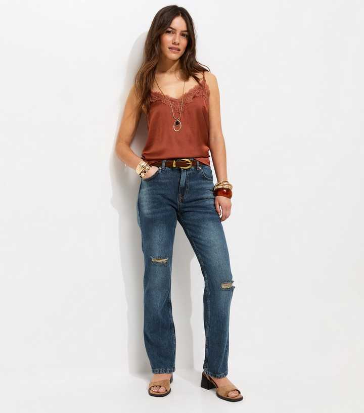 Petite Vintage Blue Wash Ripped Straight Leg Jeans