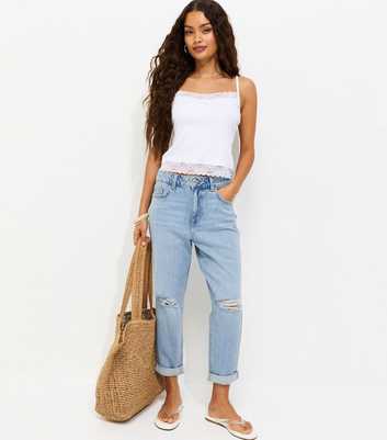 Petite Light Blue Wash Ripped Denim Textured Mom Jeans