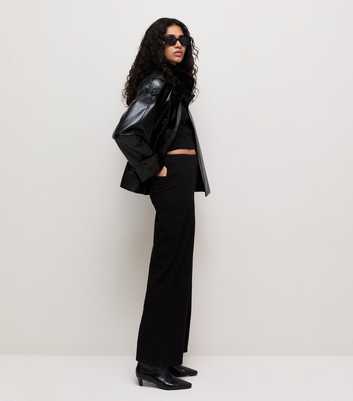 Black Stretch Denim Jersey Pull On Wide Leg Trousers