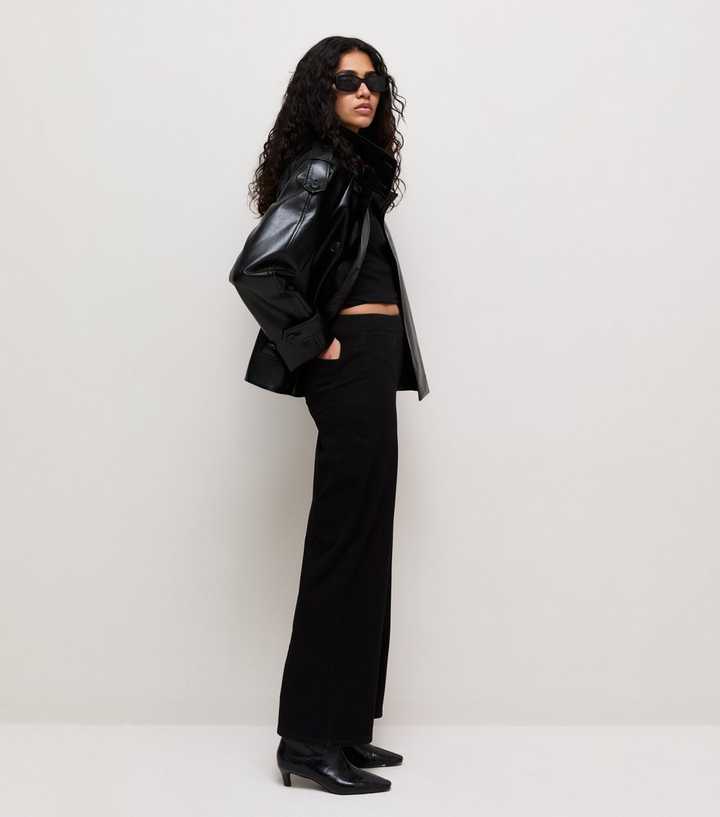 Black Stretch Denim Jersey Pull On Wide Leg Trousers