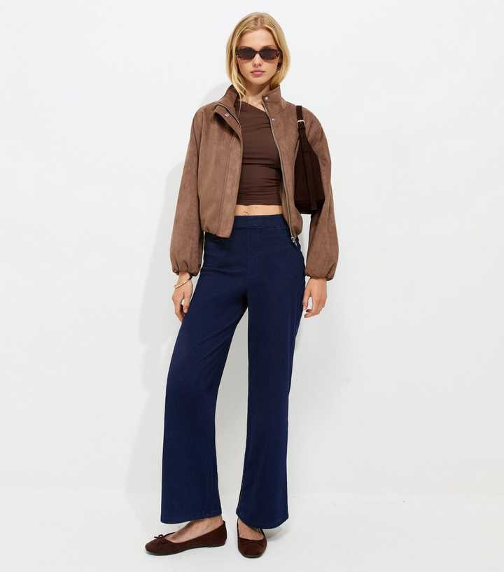 Dark Blue Stretch Denim Jersey Pull On Wide Leg Jeans