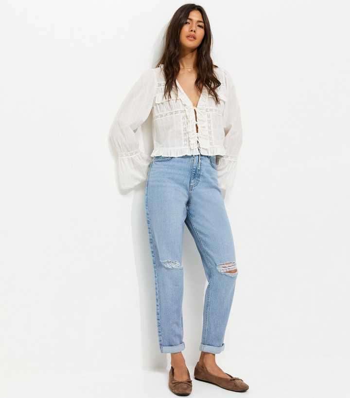 Blue Ripped Textured Mom Tori Jeans