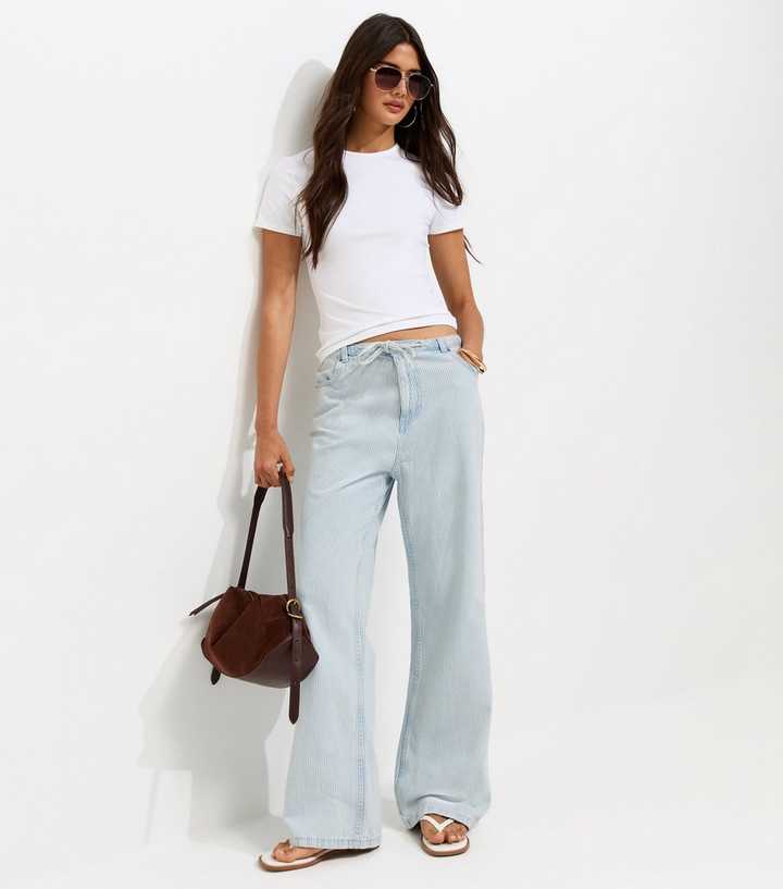 White Cotton Striped Denim Tie Waist Jeans