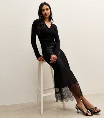 Black Satin Lace Hem Bias Cut Midi Skirt