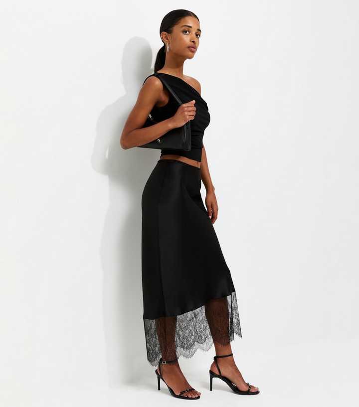 Black Satin Lace Hem Bias Cut Midi Skirt
