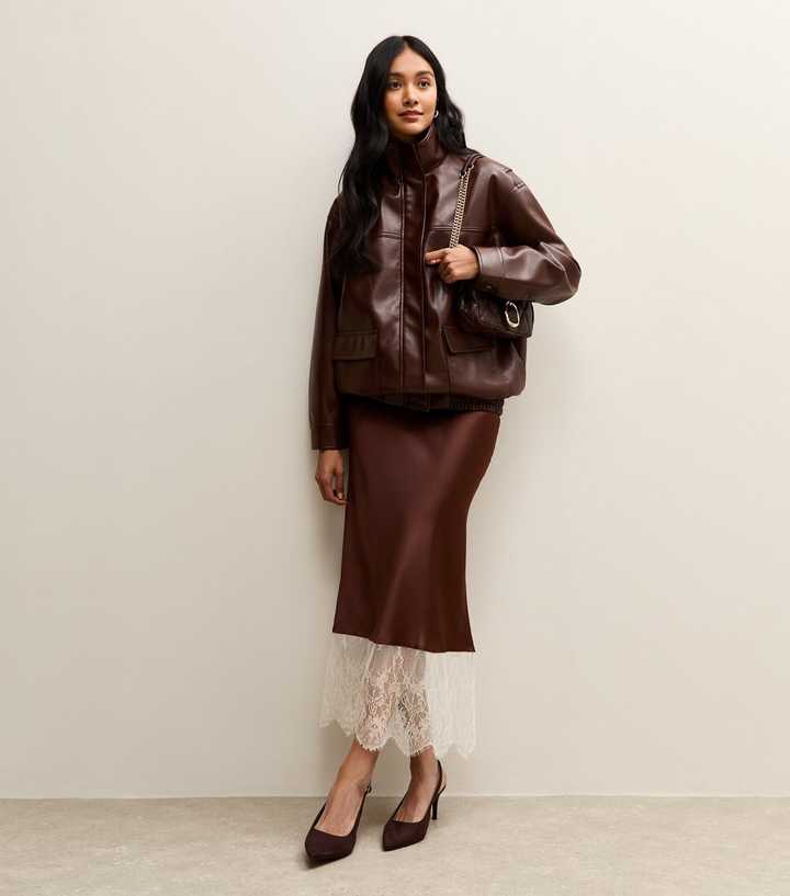 Dark Brown Satin Lace Hem Bias Cut Midi Skirt