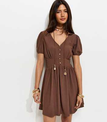 Brown Crinkle Texture V-Neck Button Front Mini Dress