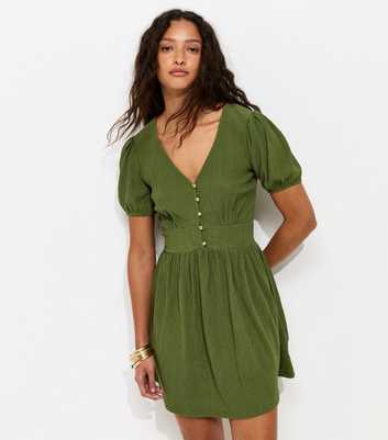Green Crinkle Texture V-Neck Button Front Mini Dress