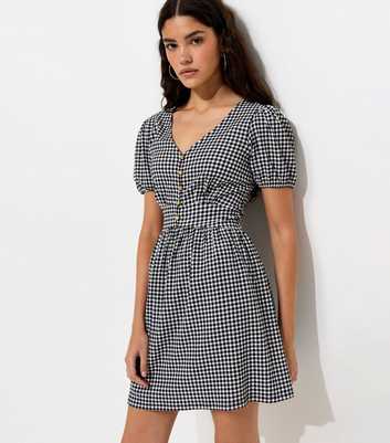 Black Crinkled Texture Gingham Button Front Mini Dress