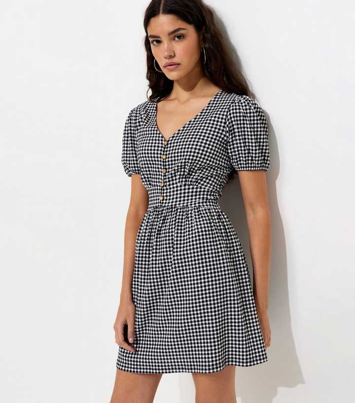 Black Crinkled Texture Gingham Button Front Mini Dress