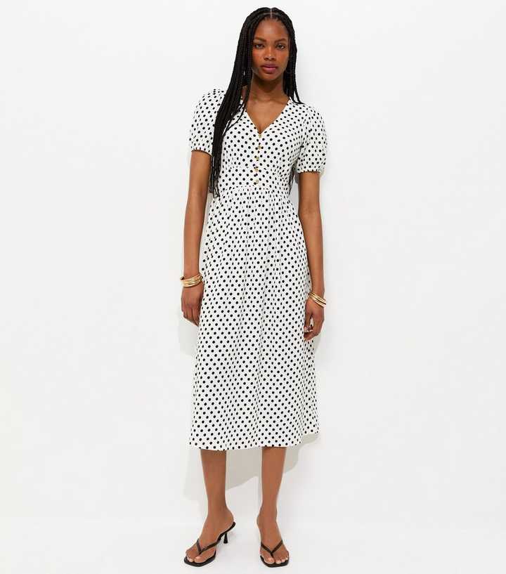 Cream Polka Dot Short Sleeve Midi Dress