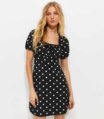Black Crinkle Texture Spotted Milkmaid Mini Dress