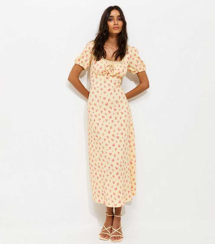 Yellow Crinkle Texture Floral Print Milkmaid Midi Dress