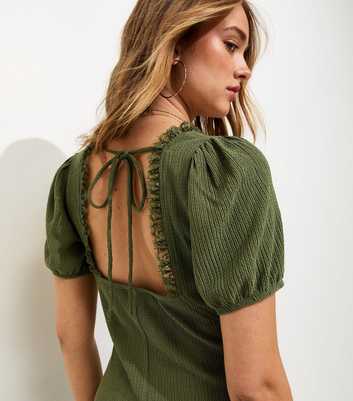 Dark Khaki Crinkle Texture Short Sleeve Milkmaid Midi Dress