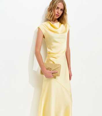 Yellow Relaxed Satin Cowl Neck Midi Dress