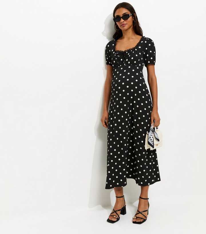 Maternity Black Polka Dot Milkmaid Midi Lace Dress
